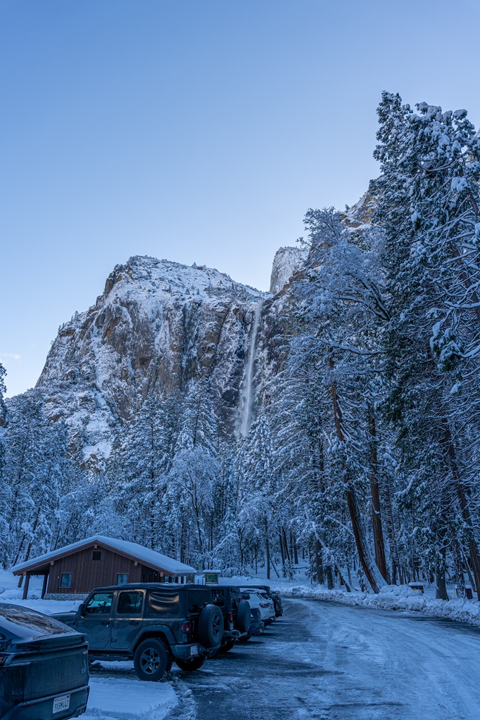 View of Bridalveil Fall seen from the parking lot in Yosemite National Park in mid-winter.