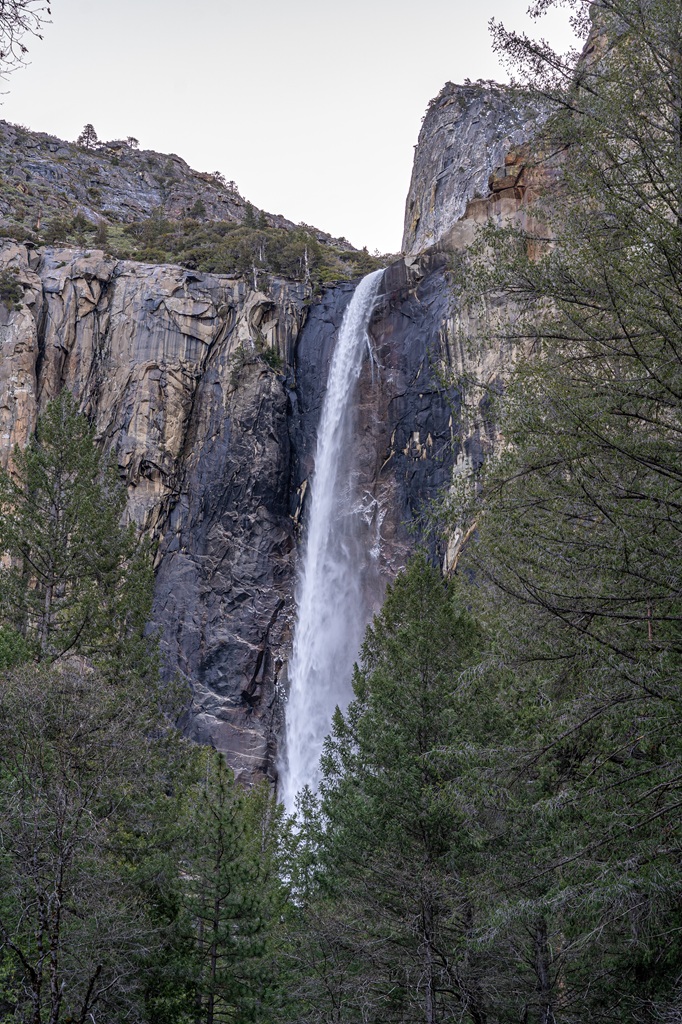View of Bridalveil Fall from the parking lot in Yosemite National Park in early spring.