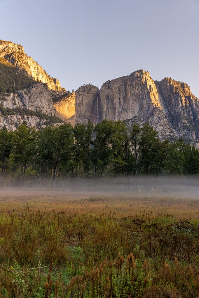 View of Cook's Meadow and Yosemite Falls as a trickle in Yosemite National Park in late summer.