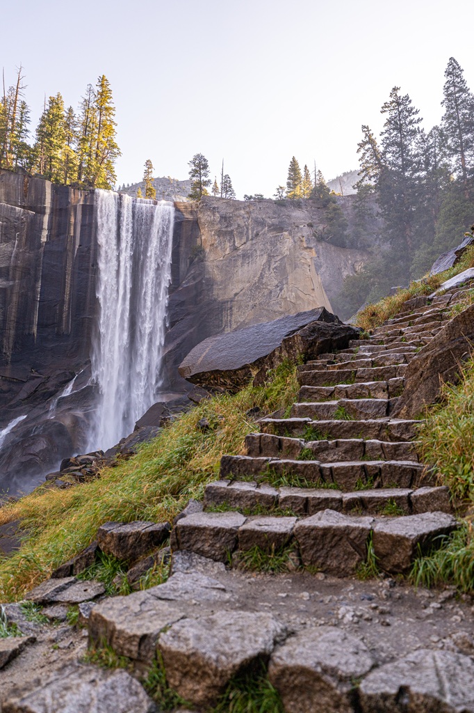 Granite steps along the Mist Trail heading towards the top of Vernal Fall.