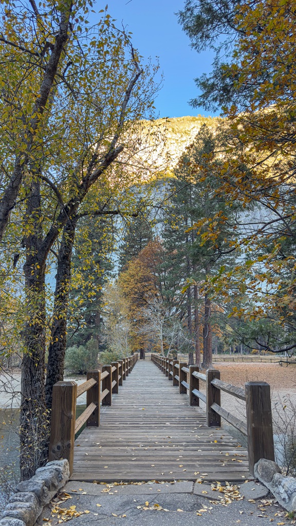 View of Swinging Bridge in Yosemite Valley in mid-fall.