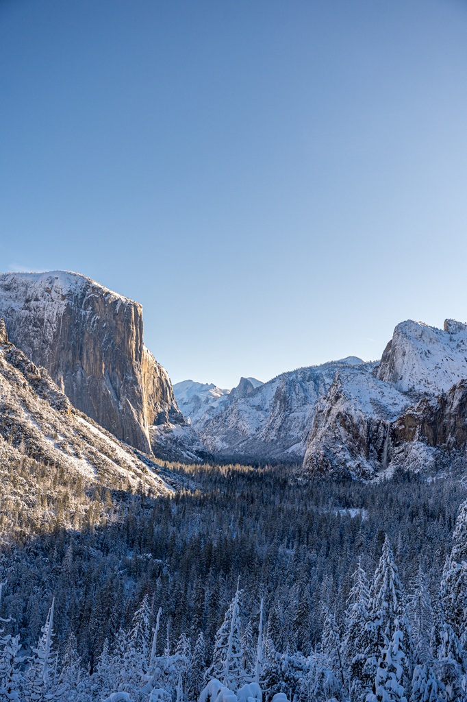 El Capitan, Half Dome, and Bridalveil Fall seen from Tunnel View in Yosemite National Park in mid-winter.