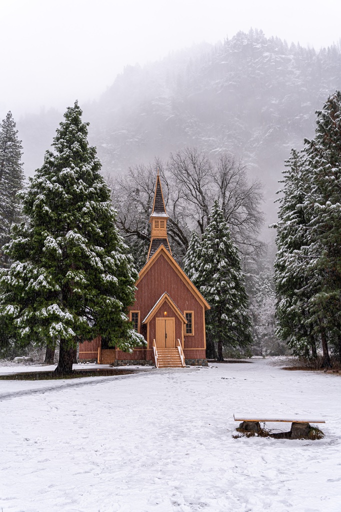 Yosemite Valley Chapel in Yosemite National Park in mid-winter.