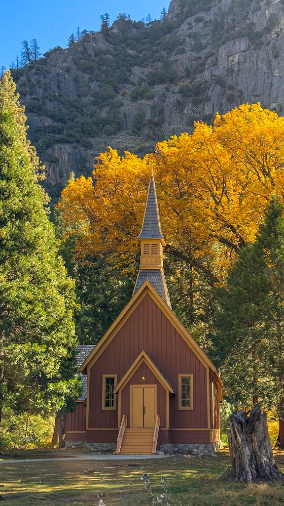 View of Yosemite Valley Chapel in Yosemite National Park in mid-fall.