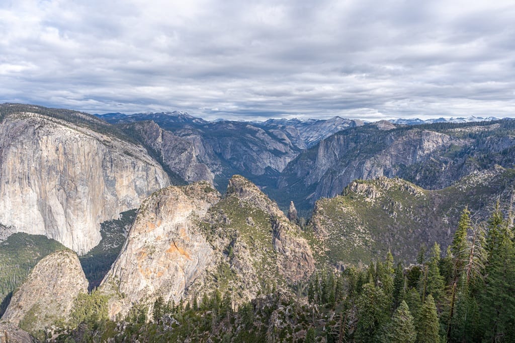 Views of granite peaks and domes from Dewey Point in Yosemite National Park.