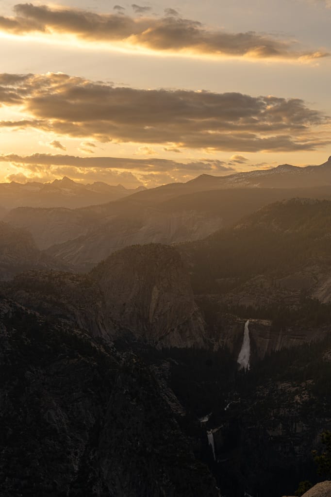 Sunrise at Glacier Point with views of Nevada Fall and Vernal Fall in Yosemite National Park.