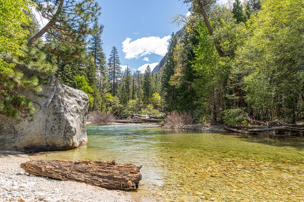 View of Kings River from a rocky beach along the Kings Canyon Scenic Byway.