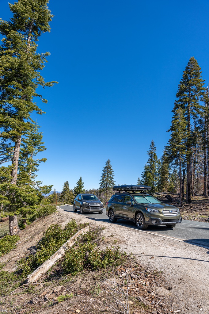 Big Baldy Trail parking area with two cars parked in Kings Canyon National Park.