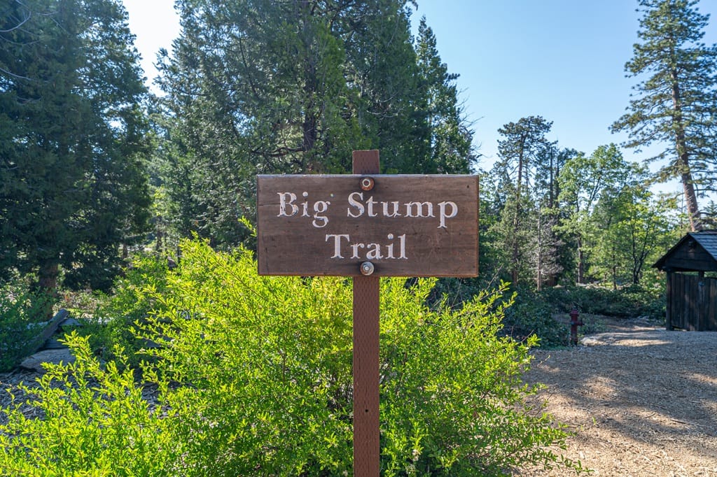 Big Stump Trail sign at the Big Stump Picnic Area in Kings Canyon National Park.