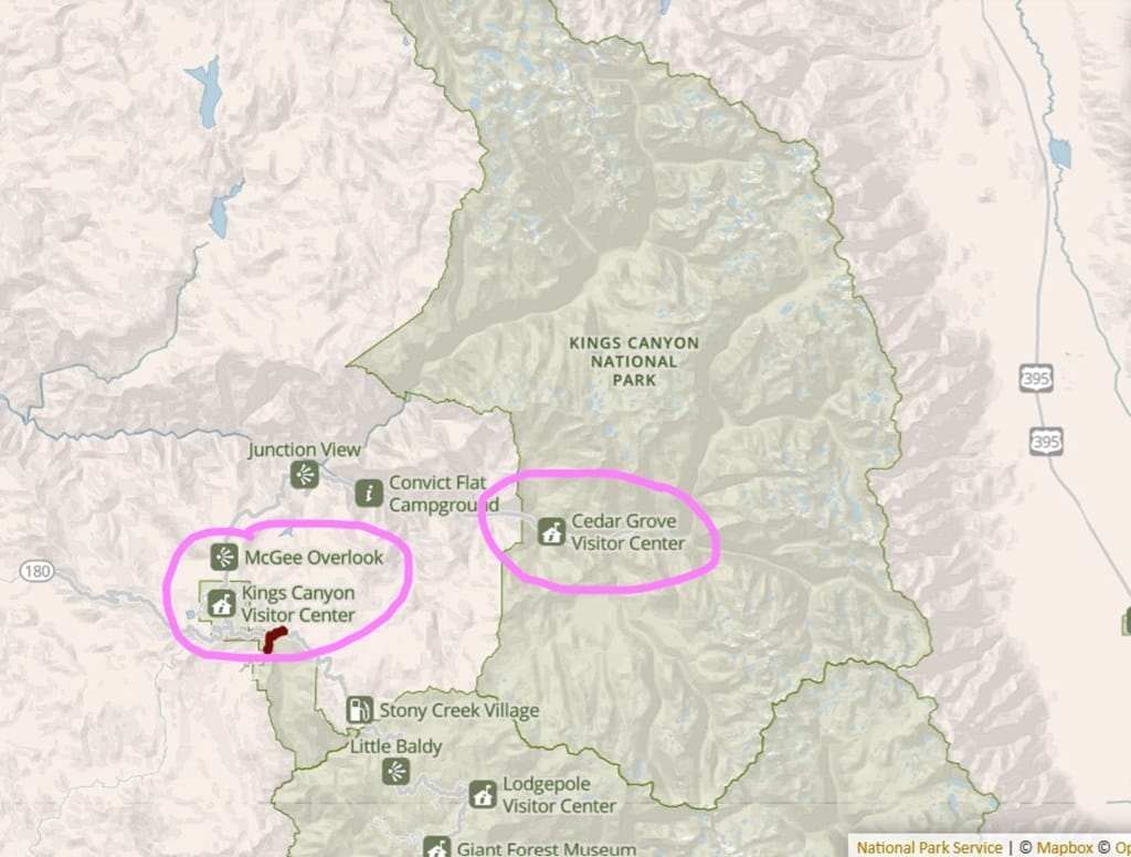 Map of Kings Canyon National Park with Big Stump Grove, Grant Grove, and Cedar Grove circled in pink.