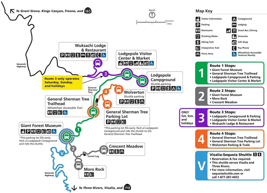 Sequoia shuttle map showing the four routes.